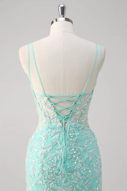 Dress Sparkly Mint Mermaid Lace Party Dress Maxi Dress Sleeveless With Slit Prom Dress