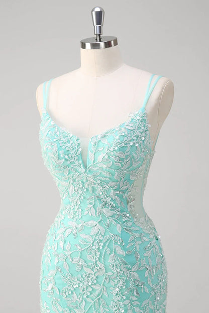 Dress Sparkly Mint Mermaid Lace Party Dress Maxi Dress Sleeveless With Slit Prom Dress