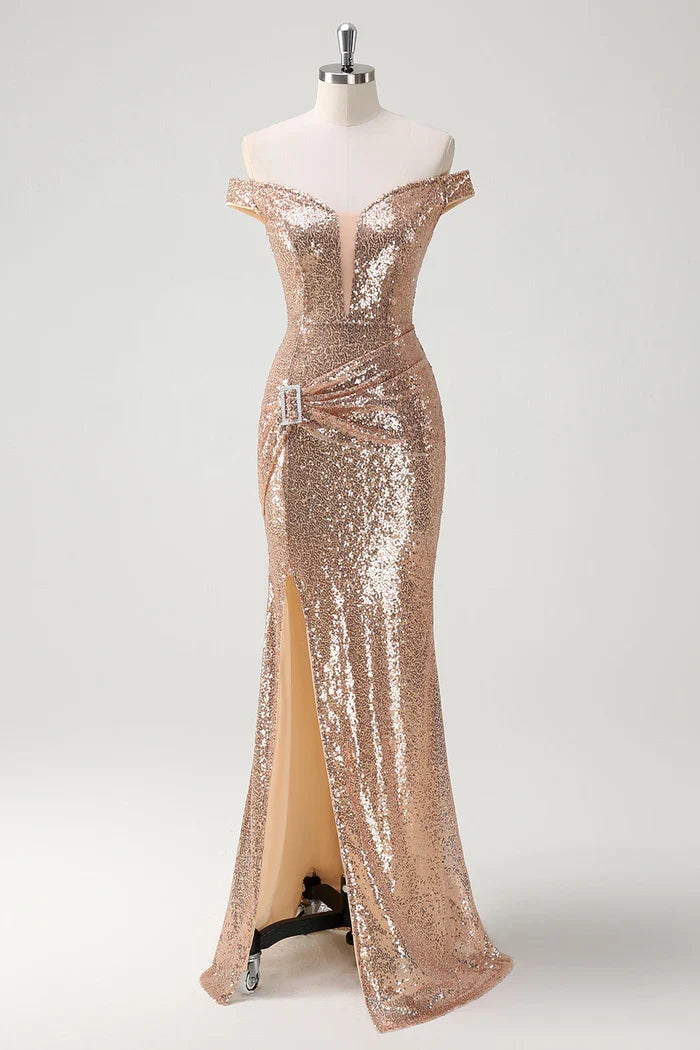 Dress Sparkly Off the Shoulder Champagne Mermaid Maxi Dress Prom Dress Sleeveless Slit Fashion Party Dress