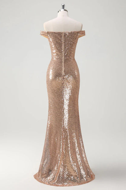 Dress Sparkly Off the Shoulder Champagne Mermaid Maxi Dress Prom Dress Sleeveless Slit Fashion Party Dress