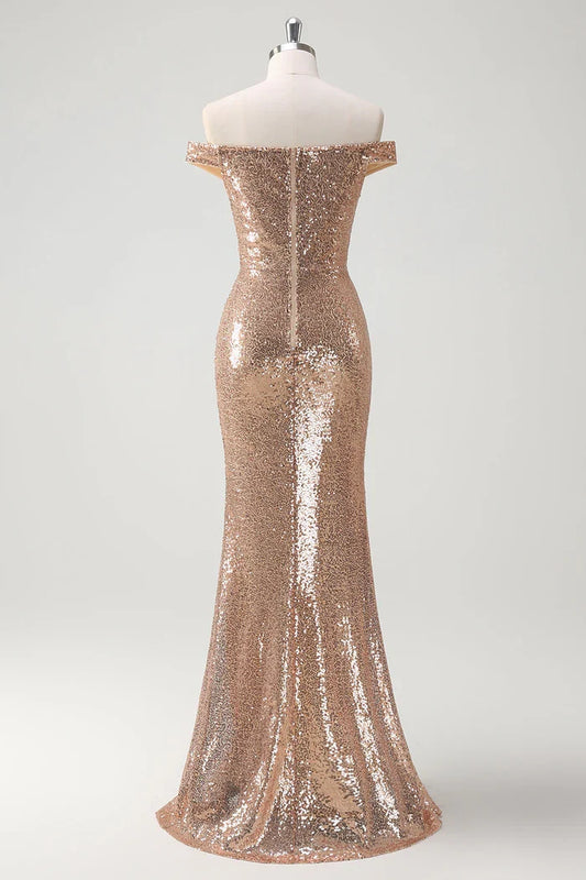 Dress Sparkly Off the Shoulder Champagne Mermaid Maxi Dress Prom Dress Sleeveless Slit Fashion Party Dress