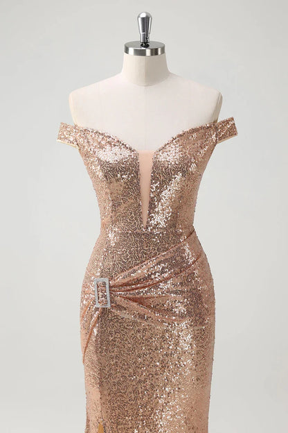 Dress Sparkly Off the Shoulder Champagne Mermaid Maxi Dress Prom Dress Sleeveless Slit Fashion Party Dress