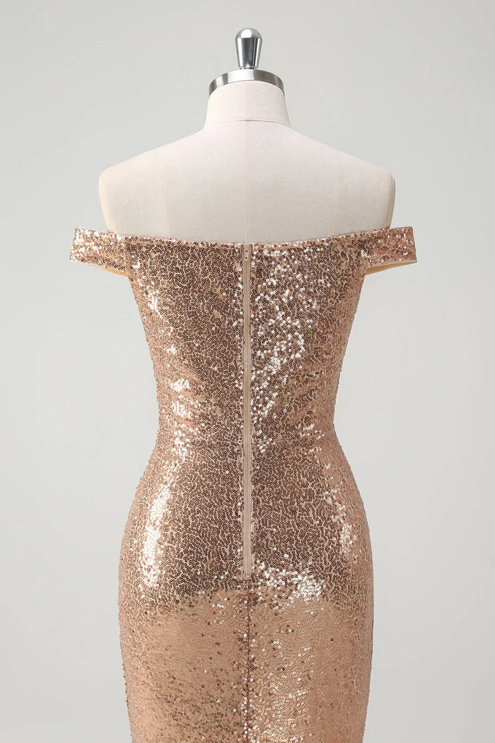 Dress Sparkly Off the Shoulder Champagne Mermaid Maxi Dress Prom Dress Sleeveless Slit Fashion Party Dress