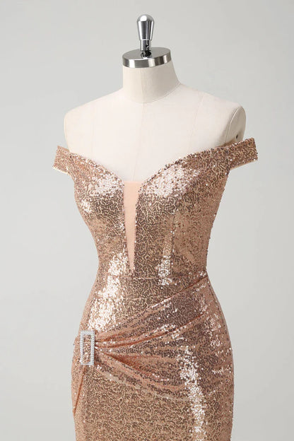 Dress Sparkly Off the Shoulder Champagne Mermaid Maxi Dress Prom Dress Sleeveless Slit Fashion Party Dress