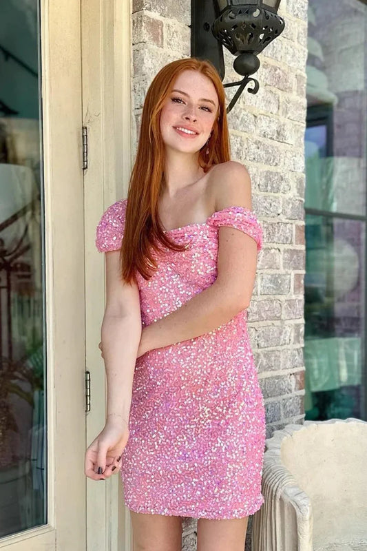 Dress Sparkly Pink Sequined Tight Homecoming Dress Sleeveless Lace-Up Back Party Dress