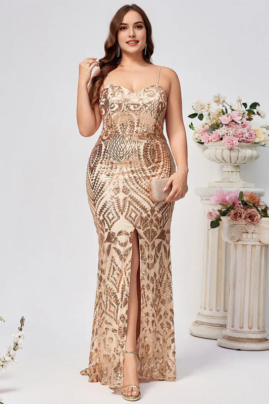 Dress Sparkly Plus Size Golden Mermaid Sequin Embroidered Maxi Dress Prom Dress Sleeveless Split Evening Dress