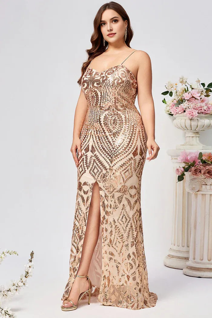 Dress Sparkly Plus Size Golden Mermaid Sequin Embroidered Maxi Dress Prom Dress Sleeveless Split Evening Dress