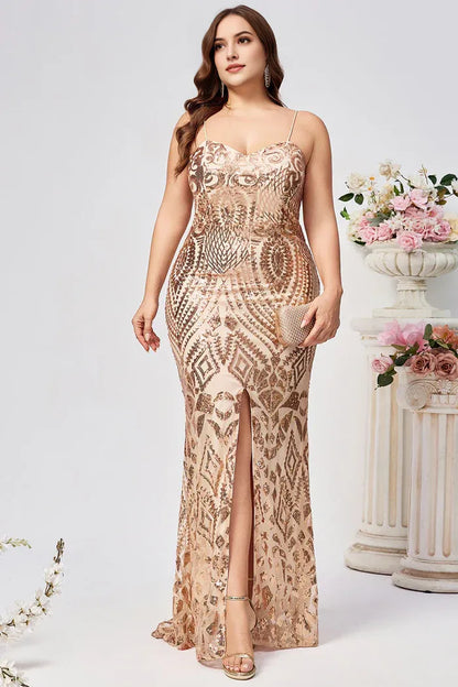 Dress Sparkly Plus Size Golden Mermaid Sequin Embroidered Maxi Dress Prom Dress Sleeveless Split Evening Dress