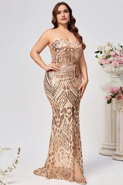 Dress Sparkly Plus Size Golden Mermaid Sequin Embroidered Maxi Dress Prom Dress Sleeveless Split Evening Dress