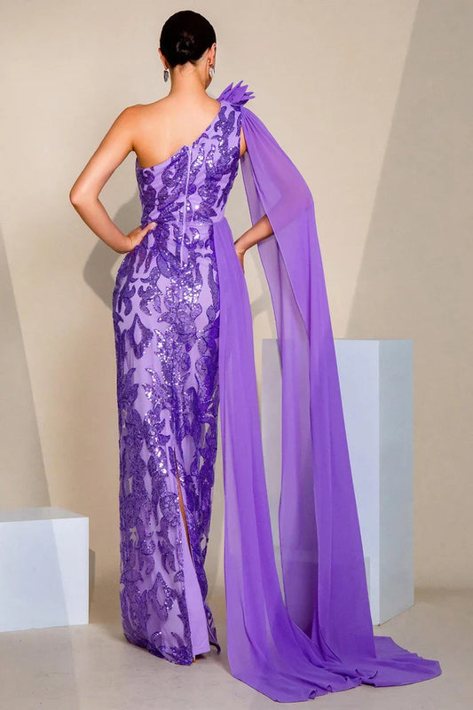 Dress Sparkly Purple One Shoulder Mermaid Sequins Prom Dress Cape Sleeveless Sparkle & Shine Party Dress