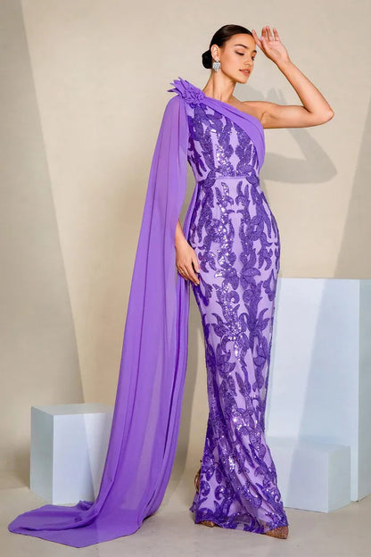 Dress Sparkly Purple One Shoulder Mermaid Sequins Prom Dress Cape Sleeveless Sparkle & Shine Party Dress