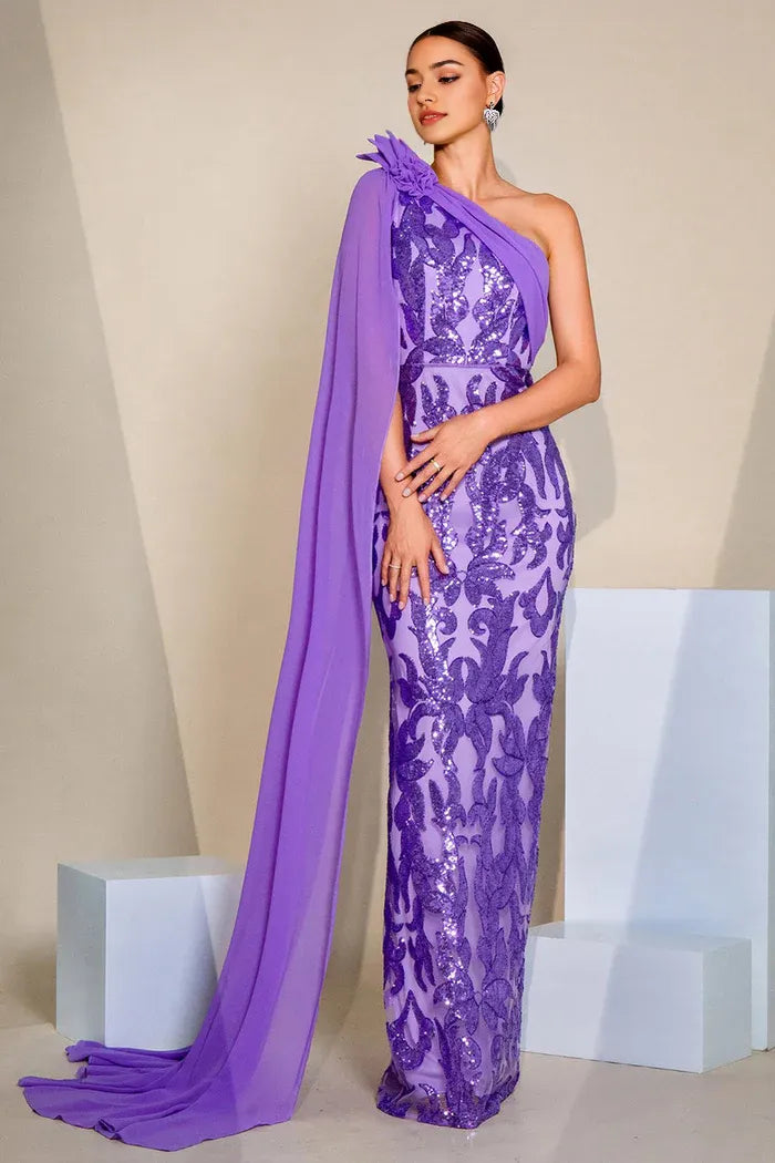 Dress Sparkly Purple One Shoulder Mermaid Sequins Prom Dress Cape Sleeveless Sparkle & Shine Party Dress