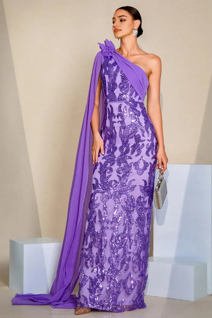 Dress Sparkly Purple One Shoulder Mermaid Sequins Prom Dress Cape Sleeveless Sparkle & Shine Party Dress