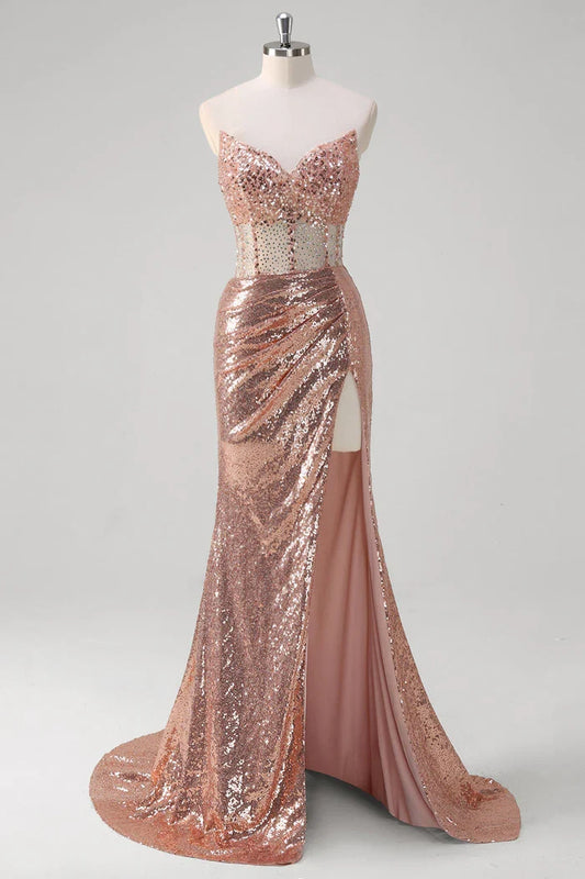 Dress Sparkly Rose Golden Mermaid Sweetheart Sequined Maxi Dress Prom Dress Sleeveless Slit Evening Dress