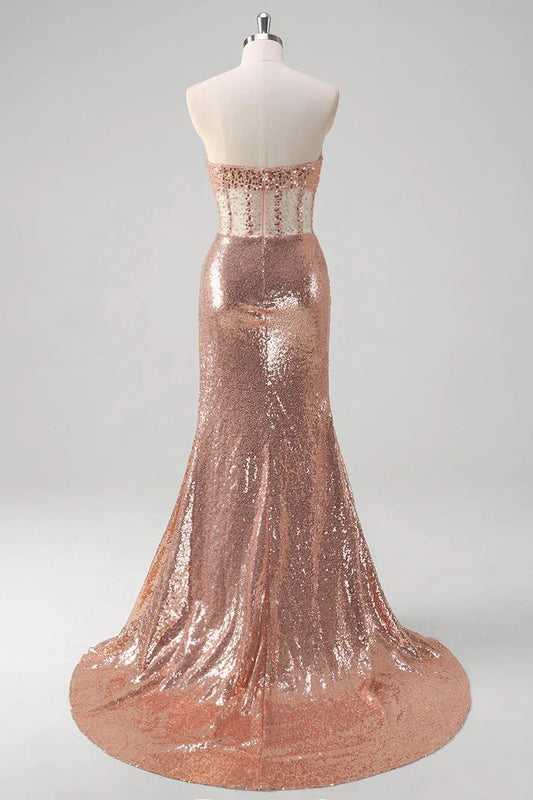 Dress Sparkly Rose Golden Mermaid Sweetheart Sequined Maxi Dress Prom Dress Sleeveless Slit Evening Dress