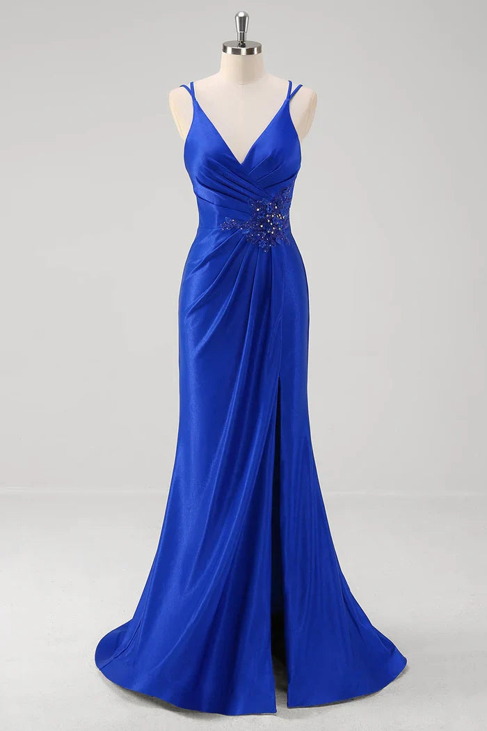 Dress Sparkly Royal Blue Mermaid Spaghetti Straps Party Dress Maxi Dress Sleeveless With Slit Prom Dress