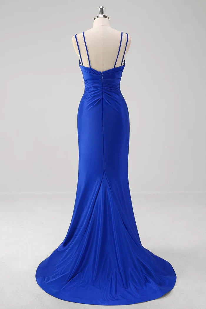 Dress Sparkly Royal Blue Mermaid Spaghetti Straps Party Dress Maxi Dress Sleeveless With Slit Prom Dress