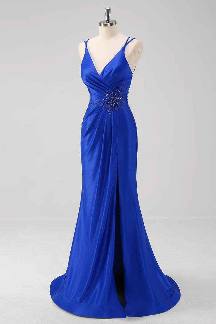 Dress Sparkly Royal Blue Mermaid Spaghetti Straps Party Dress Maxi Dress Sleeveless With Slit Prom Dress