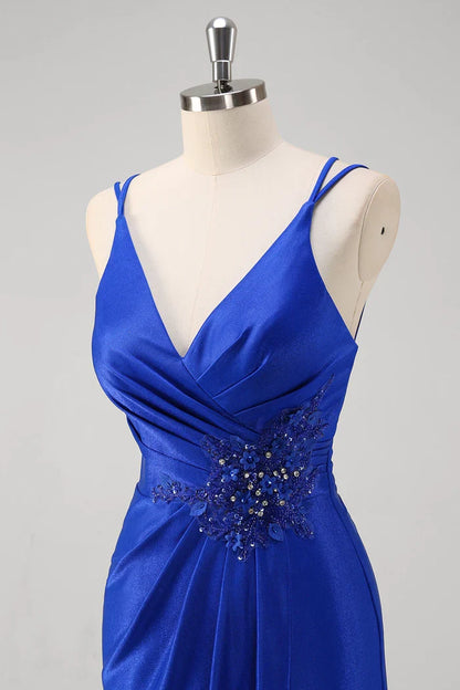 Dress Sparkly Royal Blue Mermaid Spaghetti Straps Party Dress Maxi Dress Sleeveless With Slit Prom Dress