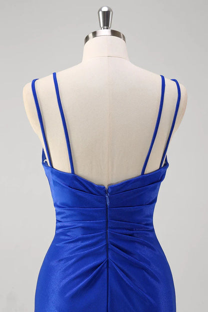 Dress Sparkly Royal Blue Mermaid Spaghetti Straps Party Dress Maxi Dress Sleeveless With Slit Prom Dress