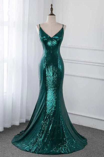 Dress Sparkly Sequined Spaghetti Straps V-Neck Evening Dresses With Backless Prom Dress