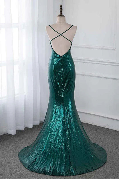 Dress Sparkly Sequined Spaghetti Straps V-Neck Evening Dresses With Backless Prom Dress