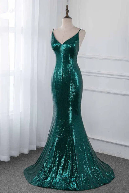 Dress Sparkly Sequined Spaghetti Straps V-Neck Evening Dresses With Backless Prom Dress