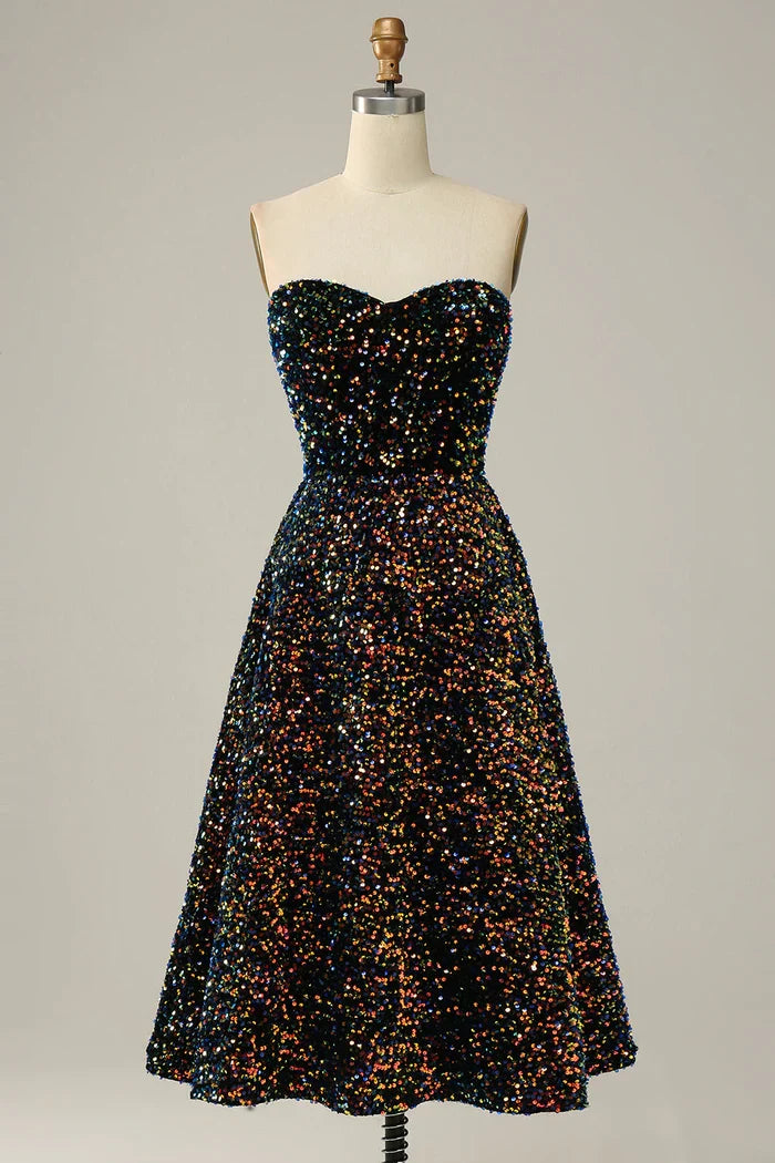 Dress Sparkly Sequins Sweetheart Black Midi Homecoming Dress Strapless Sleeveless Prom Dress