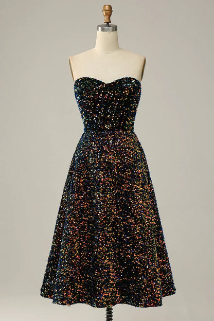 Dress Sparkly Sequins Sweetheart Black Midi Homecoming Dress Strapless Sleeveless Prom Dress