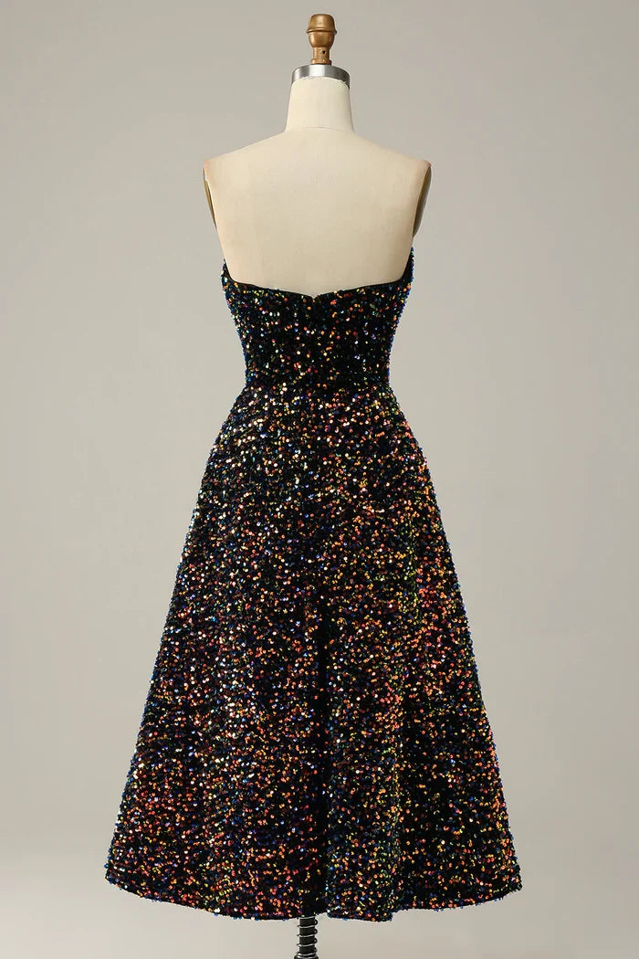 Dress Sparkly Sequins Sweetheart Black Midi Homecoming Dress Strapless Sleeveless Prom Dress
