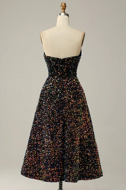 Dress Sparkly Sequins Sweetheart Black Midi Homecoming Dress Strapless Sleeveless Prom Dress