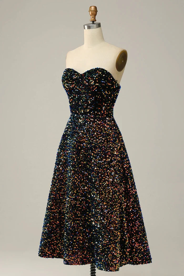 Dress Sparkly Sequins Sweetheart Black Midi Homecoming Dress Strapless Sleeveless Prom Dress