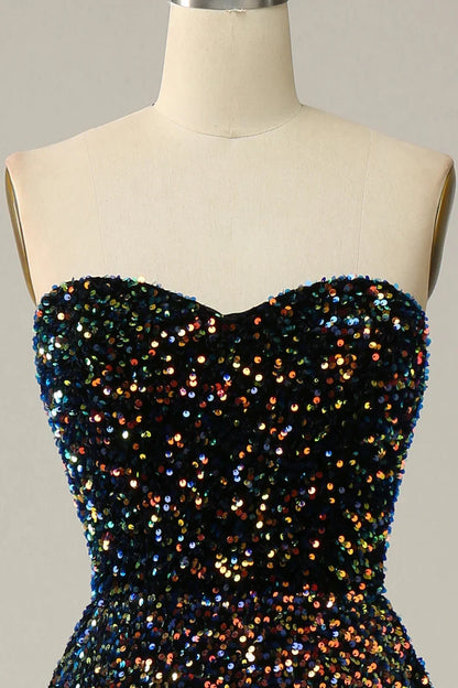 Dress Sparkly Sequins Sweetheart Black Midi Homecoming Dress Strapless Sleeveless Prom Dress