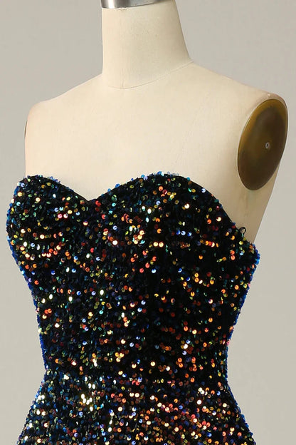 Dress Sparkly Sequins Sweetheart Black Midi Homecoming Dress Strapless Sleeveless Prom Dress