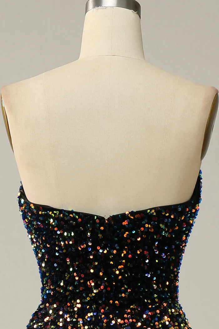 Dress Sparkly Sequins Sweetheart Black Midi Homecoming Dress Strapless Sleeveless Prom Dress