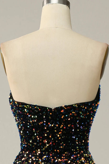 Dress Sparkly Sequins Sweetheart Black Midi Homecoming Dress Strapless Sleeveless Prom Dress