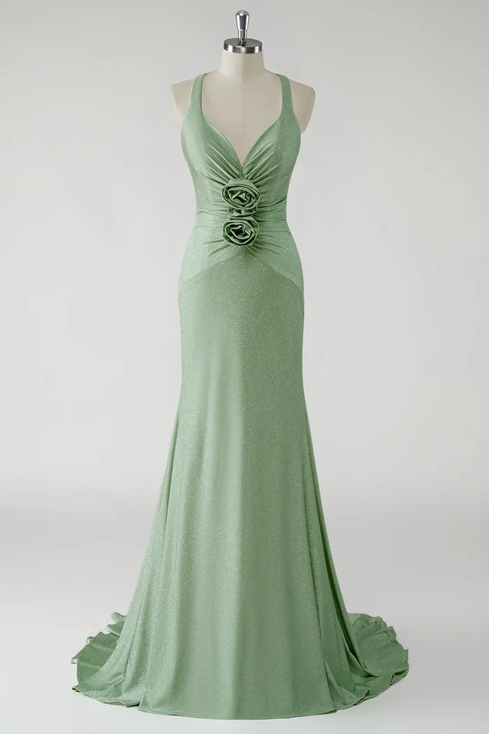 Dress Sparkly Sheath Green Maxi Dress Prom Dress With 3D Flowers Evening Dress