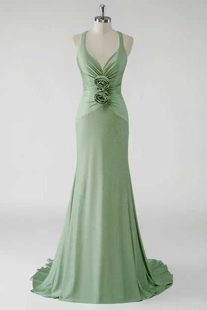 Dress Sparkly Sheath Green Maxi Dress Prom Dress With 3D Flowers Evening Dress