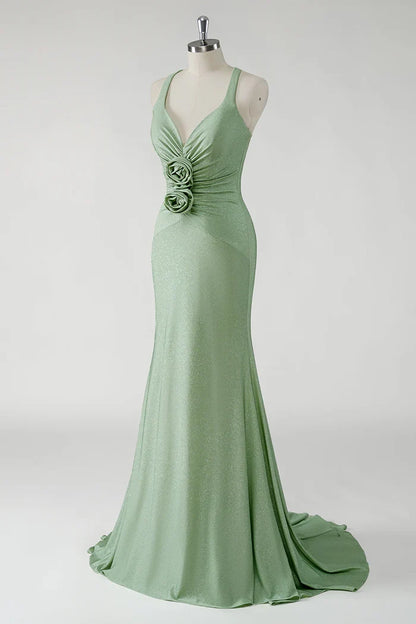 Dress Sparkly Sheath Green Maxi Dress Prom Dress With 3D Flowers Evening Dress
