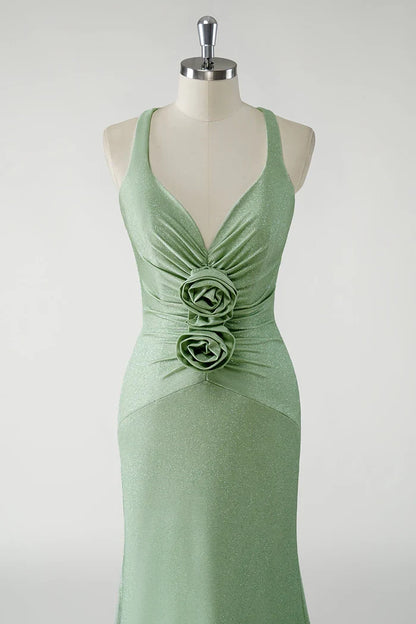 Dress Sparkly Sheath Green Maxi Dress Prom Dress With 3D Flowers Evening Dress
