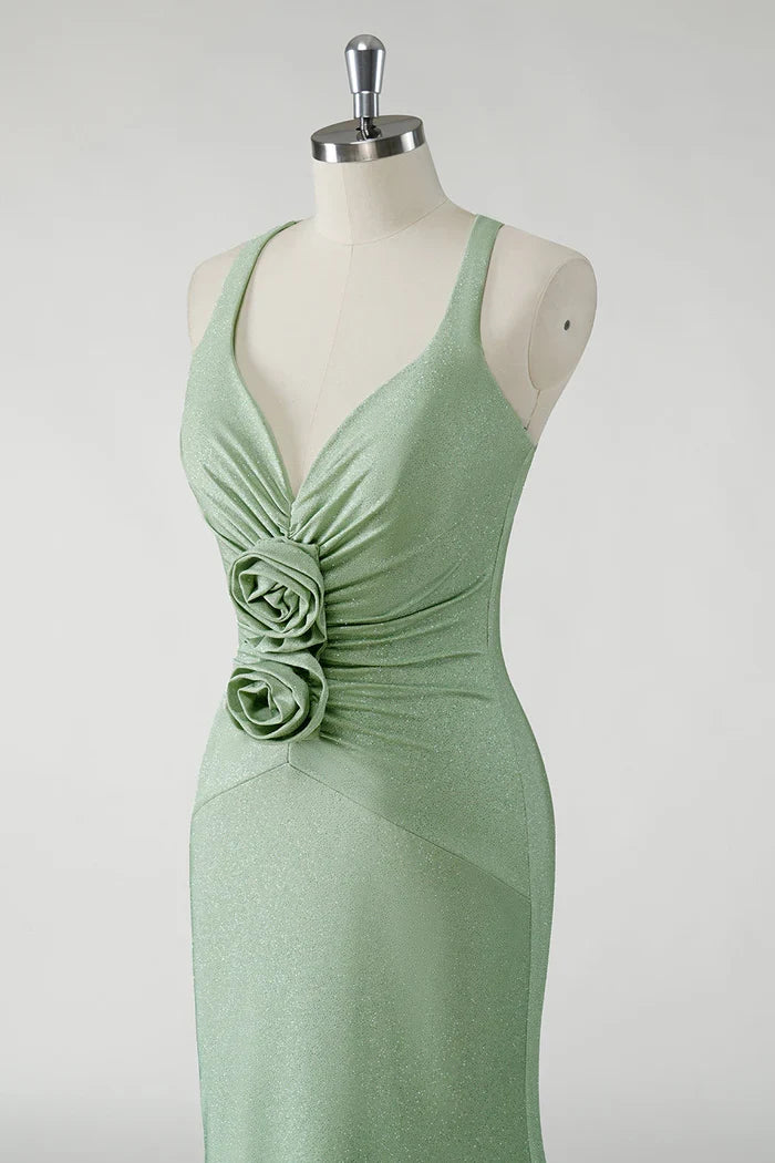 Dress Sparkly Sheath Green Maxi Dress Prom Dress With 3D Flowers Evening Dress