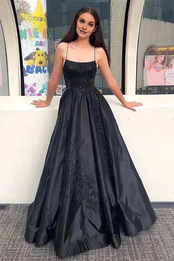 Dress Sparkly Spaghetti Straps Black Long Prom Dress with Appliques