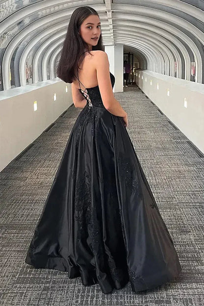 Dress Sparkly Spaghetti Straps Black Long Prom Dress with Appliques