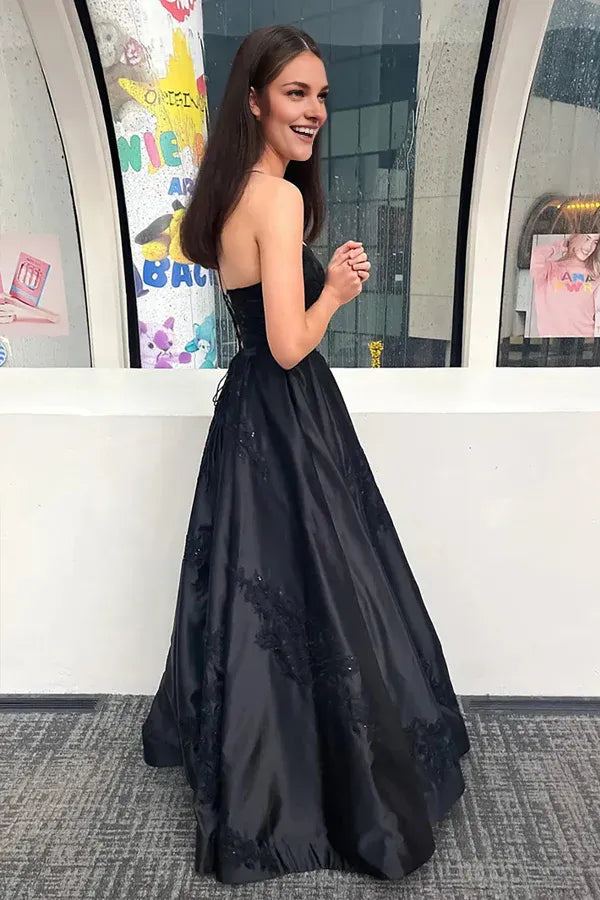 Dress Sparkly Spaghetti Straps Black Long Prom Dress with Appliques