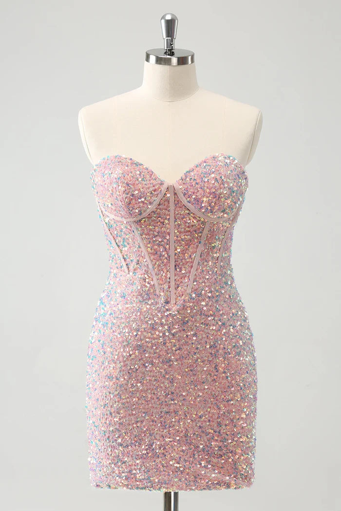 Dress Sparkly Strapless Light Pink Tight Short Homecoming Dress Sleeveless Sequins Party Dress