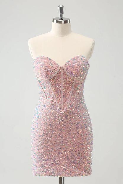 Dress Sparkly Strapless Light Pink Tight Short Homecoming Dress Sleeveless Sequins Party Dress