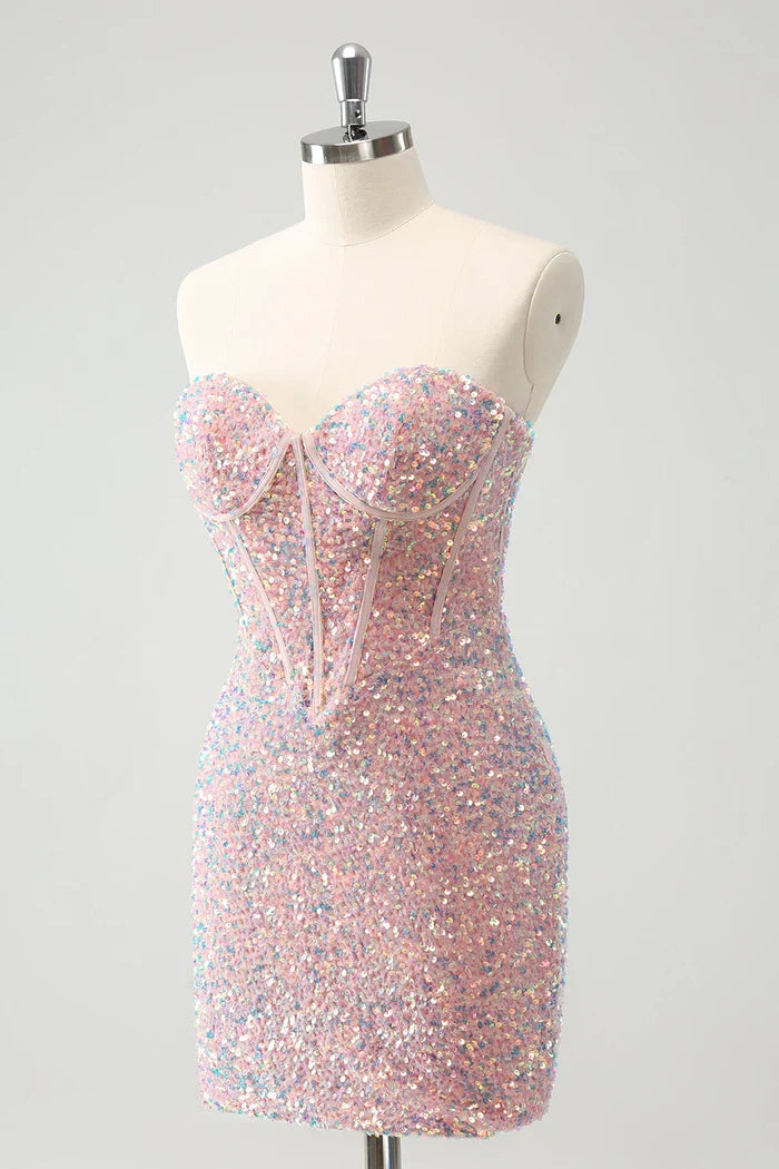 Dress Sparkly Strapless Light Pink Tight Short Homecoming Dress Sleeveless Sequins Party Dress