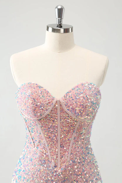 Dress Sparkly Strapless Light Pink Tight Short Homecoming Dress Sleeveless Sequins Party Dress