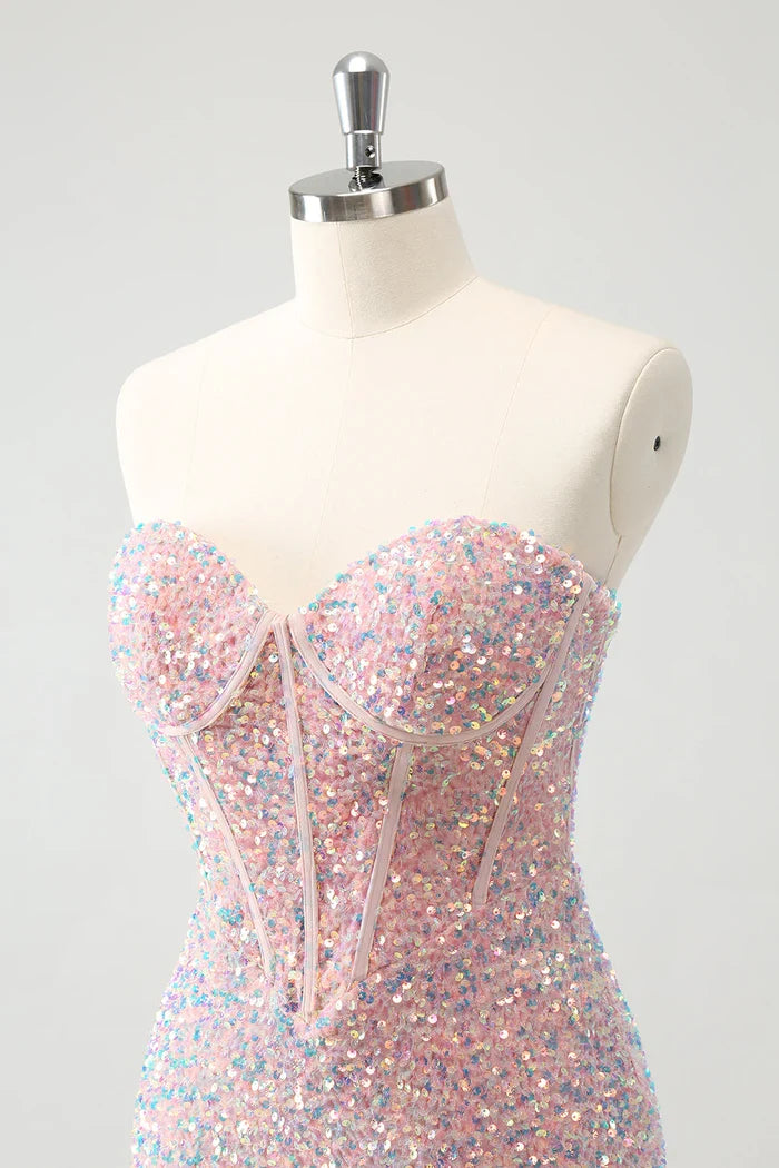 Dress Sparkly Strapless Light Pink Tight Short Homecoming Dress Sleeveless Sequins Party Dress
