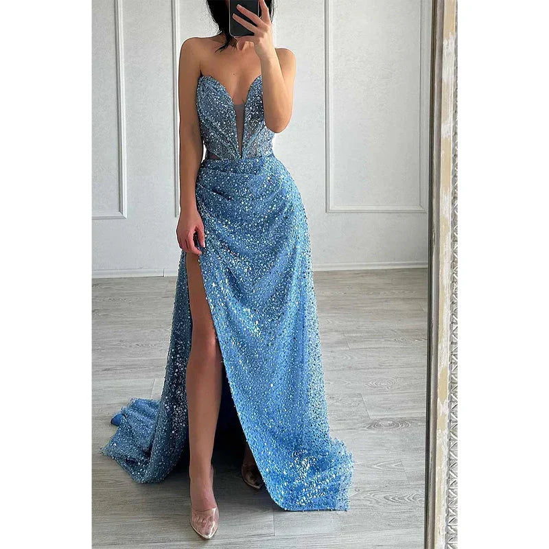 Dress Sparkly Strapless Ruched with Side Slit Sequined Party Prom Evening Dress Party Dress